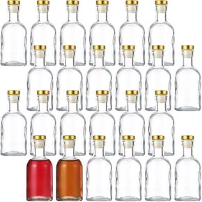 24 Pack Clear Glass Bottles 3 oz, Glass Liquor Bottles with T-Top Caps, Mini Wine Glass Bottle with Cork, 100ml Glass Container for Beer, Juice, Oil, Sauce