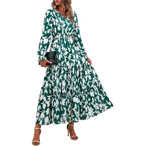 BTFBM Women Fall Dresses 2024 Casual Long Sleeve V Neck Maxi Dresses Floral Boho Long Dress Wedding Guest Dress