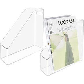 2 Pcs Acrylic Magazine File Holder Clear Plastic Magazine Holder with Handle, Slim Vertical Magazine Storage Organizer Binder Organizer for Desk