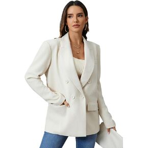Women's Oversized Double-Breasted Suit Blazer Jacket Top Stitch Long Sleeve Casual Work Office Blazer with Pockets