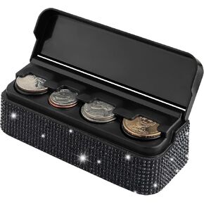 Bling Coin Holder for Car,4 Compartment Car Organizers and Storage with Rhinestones Compatible with Quarter/Nickel/Pennies/Dimes,Universal Coin Organizer for Car Truck SUV (Black)