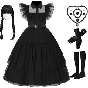 Girls Black Dress Kids Movie Halloween Cosplay Costume Party Dance Dress Up with Wig Necklace Set Belt Gloves Socks