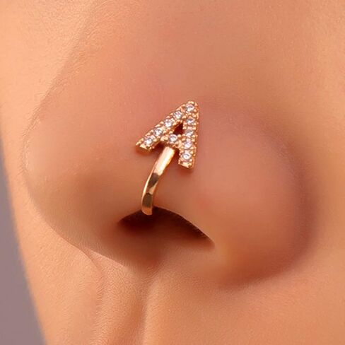 Crystal Initial Nose Ring Gold Fake Septum Nose Rings Copper Inlaid Zircon Letter A Nose Cuff Tiny Alphabet U-shaped Clip On Nose Ring Bendable Non Piercing Nose Jewelry for Women Girls in Saudi Arabia