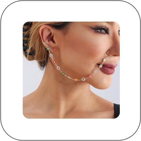 فاسق بوهو الأنف الدائري هوب مع سلسلة شرابة الحاجز وهمية حلقة الأذن إلى الأنف لا ثقب الأذن الكفة المجوهرات الهندية للنساء الفتيات in Kuwait