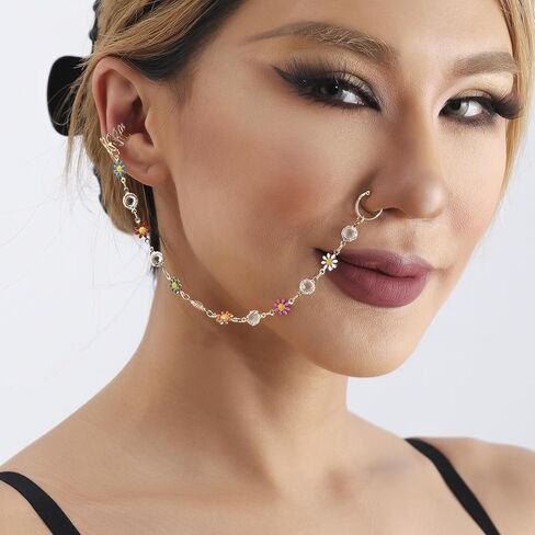 فاسق بوهو الأنف الدائري هوب مع سلسلة شرابة الحاجز وهمية حلقة الأذن إلى الأنف لا ثقب الأذن الكفة المجوهرات الهندية للنساء الفتيات in Kuwait