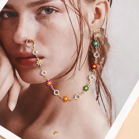 فاسق بوهو الأنف الدائري هوب مع سلسلة شرابة الحاجز وهمية حلقة الأذن إلى الأنف لا ثقب الأذن الكفة المجوهرات الهندية للنساء الفتيات in Kuwait