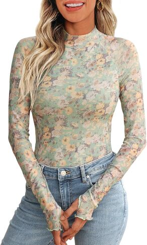 Dealmore Floral Mesh Mockneck Tops Trendy Going Out Tops fot Women with Thumb Hole Fashion Fall Outfits 2024 in Saudi Arabia