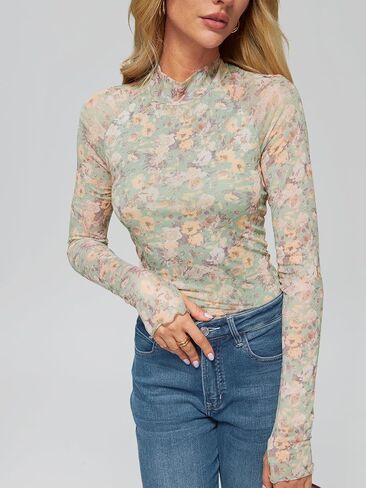 Dealmore Floral Mesh Mockneck Tops Trendy Going Out Tops fot Women with Thumb Hole Fashion Fall Outfits 2024 in Saudi Arabia