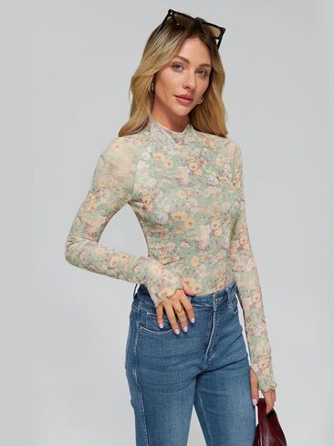 Dealmore Floral Mesh Mockneck Tops Trendy Going Out Tops fot Women with Thumb Hole Fashion Fall Outfits 2024 in Saudi Arabia