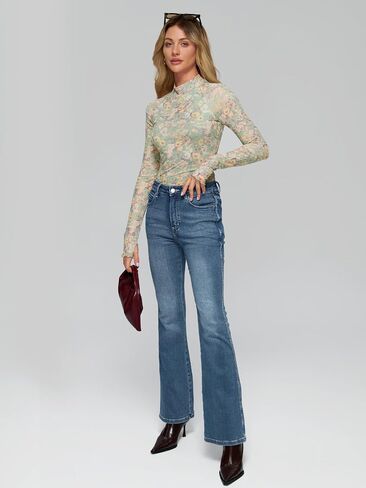 Dealmore Floral Mesh Mockneck Tops Trendy Going Out Tops fot Women with Thumb Hole Fashion Fall Outfits 2024 in Saudi Arabia