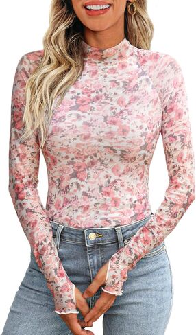 Dealmore Floral Mesh Mockneck Tops Trendy Going Out Tops fot Women with Thumb Hole Fashion Fall Outfits 2024 in Saudi Arabia