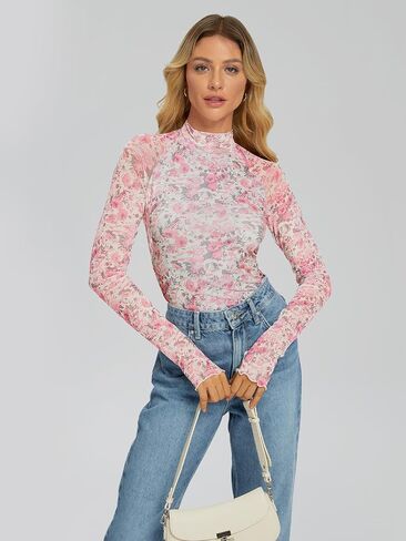 Dealmore Floral Mesh Mockneck Tops Trendy Going Out Tops fot Women with Thumb Hole Fashion Fall Outfits 2024 in Saudi Arabia