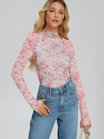 Dealmore Floral Mesh Mockneck Tops Trendy Going Out Tops fot Women with Thumb Hole Fashion Fall Outfits 2024 in Saudi Arabia