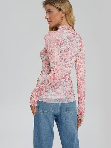 Dealmore Floral Mesh Mockneck Tops Trendy Going Out Tops fot Women with Thumb Hole Fashion Fall Outfits 2024 in Saudi Arabia