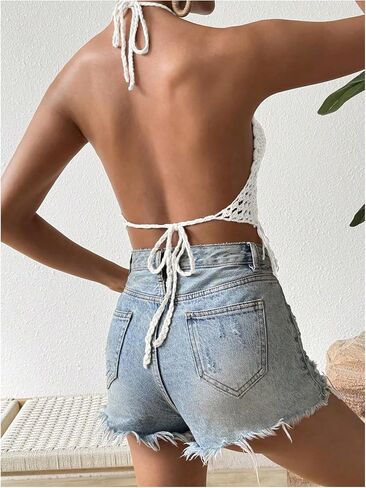 SOLY HUX Women's Crochet Tops Summer Sexy Knitted V Neck Sleeveless Camisole Halter Fringe Crop Top in Saudi Arabia