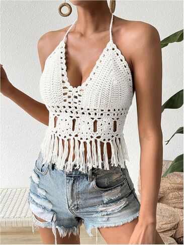 SOLY HUX Women's Crochet Tops Summer Sexy Knitted V Neck Sleeveless Camisole Halter Fringe Crop Top in Saudi Arabia