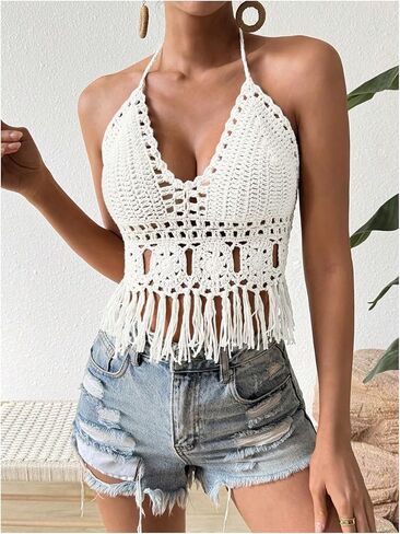 SOLY HUX Women's Crochet Tops Summer Sexy Knitted V Neck Sleeveless Camisole Halter Fringe Crop Top in Saudi Arabia