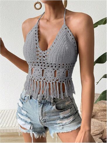 SOLY HUX Women's Crochet Tops Summer Sexy Knitted V Neck Sleeveless Camisole Halter Fringe Crop Top in Saudi Arabia