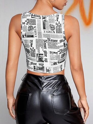 WDIRARA Women's Newspaper Printed Sleeveless Asymmetrical Hem Square Neck Casual Tank Tops in Saudi Arabia