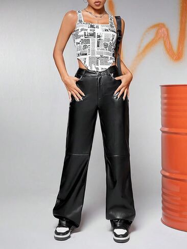 WDIRARA Women's Newspaper Printed Sleeveless Asymmetrical Hem Square Neck Casual Tank Tops in Saudi Arabia
