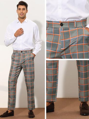 Lars Amadeus Business Plaid Dress Pants for Men's Straight Fit Flat Front Checked Pattern Trousers in Saudi Arabia