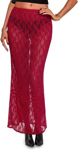 Cicy Bell Womens Sheer Lace Maxi Skirt Summer Beach Cover-ups Casual Streetwear Long Y2K Skirts in Saudi Arabia