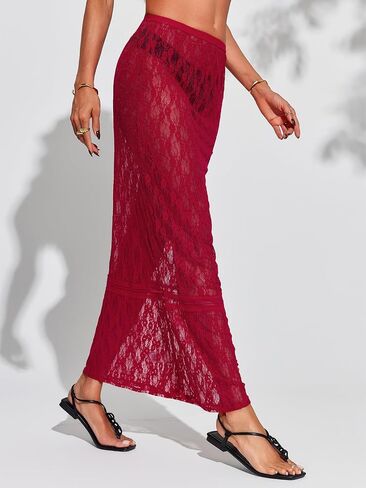 Cicy Bell Womens Sheer Lace Maxi Skirt Summer Beach Cover-ups Casual Streetwear Long Y2K Skirts in Saudi Arabia