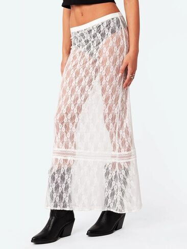 Cicy Bell Womens Sheer Lace Maxi Skirt Summer Beach Cover-ups Casual Streetwear Long Y2K Skirts in Saudi Arabia