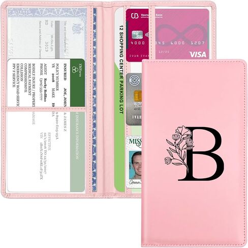 Car Registration and Insurance Holder, Car Document Holder with Closure, Pink with Letters Wallet Case Auto Vehicle Car Accessories for Women and Men in Kuwait