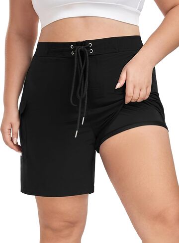 FOREYOND Women's Plus Size Board Shorts Quick Dry Swim Shorts High Waisted Swim Pants with Pockets Liner Trunks in Kuwait