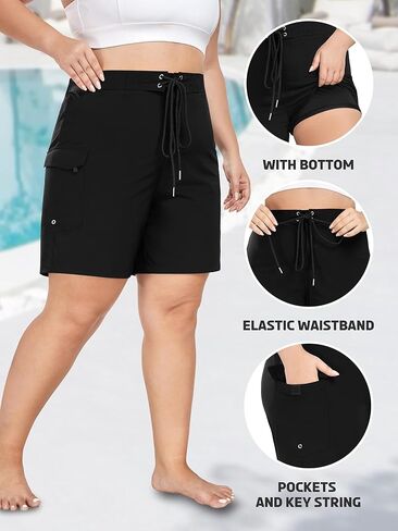 FOREYOND Women's Plus Size Board Shorts Quick Dry Swim Shorts High Waisted Swim Pants with Pockets Liner Trunks in Kuwait