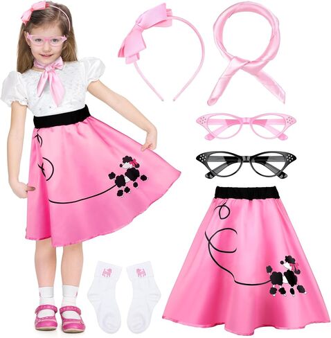 6 Pieces 1950s Girls Poodle Skirt 50s Costume Accessory, Headband Glasses Scarf Socks Outfit Halloween Costume in Saudi Arabia