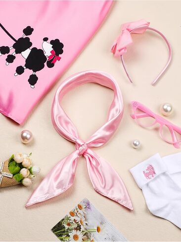 6 Pieces 1950s Girls Poodle Skirt 50s Costume Accessory, Headband Glasses Scarf Socks Outfit Halloween Costume in Saudi Arabia