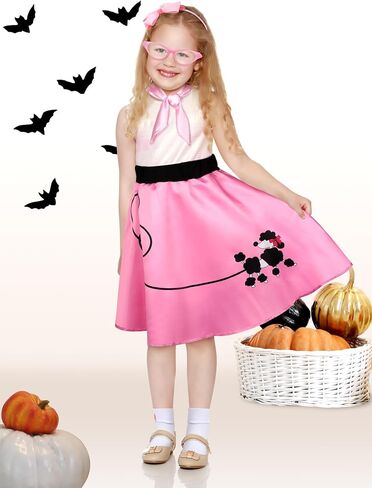 6 Pieces 1950s Girls Poodle Skirt 50s Costume Accessory, Headband Glasses Scarf Socks Outfit Halloween Costume in Saudi Arabia