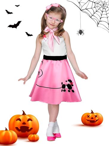 6 Pieces 1950s Girls Poodle Skirt 50s Costume Accessory, Headband Glasses Scarf Socks Outfit Halloween Costume in Saudi Arabia