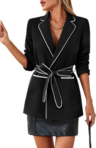 Cicy Bell Womens Belted Casual Blazer Long Sleeve Open Front Contrast Binding Suit Jackets Dressy Blouse Tops in Saudi Arabia