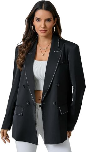 Women's Oversized Double-Breasted Suit Blazer Jacket Top Stitch Long Sleeve Casual Work Office Blazer with Pockets in Saudi Arabia
