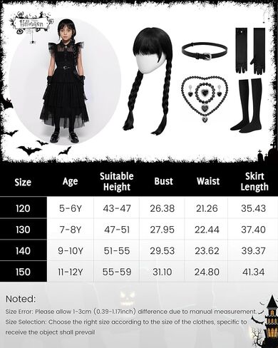 فستان بناتي أسود للأطفال أزياء الهالوين التنكرية لحفلات الرقص مع قلادة شعر مستعار ومجموعة قفازات وحزام وجوارب in Kuwait