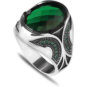 925 Sterling Silver Men Silver Ring with Emerald GemStone, Handmade Engraved Silver Ring, Gift for him, Minimalist Silver Ring (6.5)