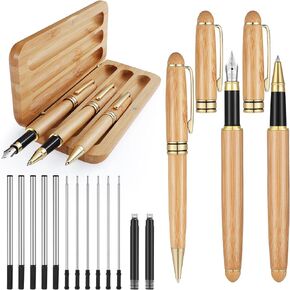 Eaasty 16 Pcs Wooden Pens Gift Set Including Fancy Fountain Pen Ballpoint Pen Gel Ink Pen Wood Pen Box and 12 Pcs Refills for Teacher Father Appreciation Gifts Graduation Office School Supplies