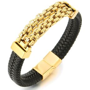 COOLSTEELANDBEYOND Sleek Black Braided Leather Bracelet with Steel Gold-Tone Chain Accent, for Men, Fashion Wristband