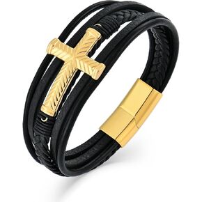 Mens Christian Cross Leather Bracelet, Black/Silver/Gold Multilayer Braided Leather Cuff Bangle Bracelet for Men, Stainless Steel Clasp
