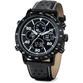 PINDOWS Watches for Men, Men Military Digital Analog Casual Dual Time Leather Wristwatch Multifunctional Fashion Watch with LED Backlight Alarm Stopwatch Calendar