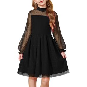 Arshiner Girls Dresses Contrast Mesh Puff Long Sleeve Mock Neck Formal Party A Line Short Tulle Dress