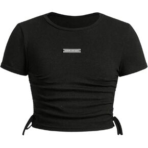OYOANGLE Girl's Drawstring Side Round Neck Short Sleeve T Shirt Solid Crop Tee Top