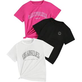 SHENHE Girl's Graphic Tees Crew Neck Short Sleeve Cute Summer Tops 3 Packs T Shirts