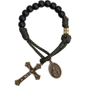 Nazareth Store Antique Bronze One Decade Rosary Black Matte Beads Green Paracord Rosary Bracelet Handmade Catholic Travel Friendly Prayer