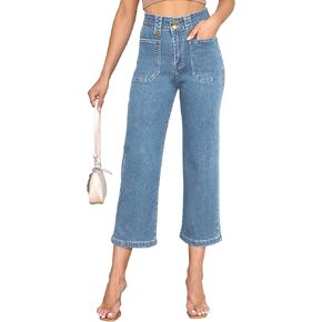ALLABREVE Baggy Jeans for Women Boyfriend High Waisted Stretchy Straight Leg Cargo Denim Pants with Pockets Casual Pants