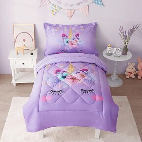 KINBEDY 4 Piece Unicorn Toddler Bedding Sets for Girls Pink Floral Cartoon Bed Sheets Toddler Bed Comforter Set for Baby Girls Bedroom Set | Include Comforter, Flat Sheet, Fitted Sheet, Pillowcase
