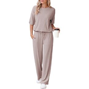AOHITE Womens 2 Piece Outfits Lounge Sets Short Sleeve Pullover Tops Elastic Wide Leg Pants Set Sweatsuits Tracksuit